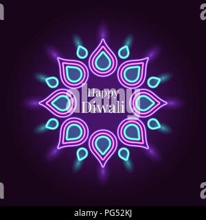 Happy Diwali, banner in bright Neon style. Vector illustration of Neon Rangoli with illumination, Diwali Festival of Lights. Indian holiday of Lights, Stock Vector