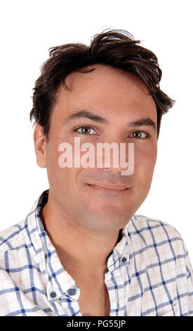 A closeup portrait image of a young mans head with short black hair in a checkered shirt, isolated for white background Stock Photo