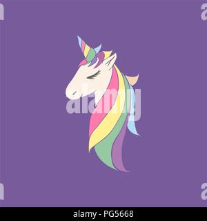 head of a unicorn with a horn and manevector pink unicorn beautiful for girls, festive purple, for birthday Stock Vector