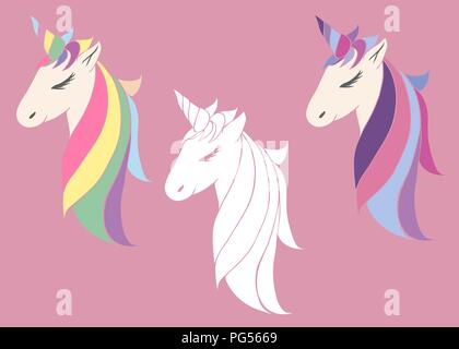 set of vector pink unicorns beautiful for girls, festive purple, for birthday. head of a unicorn with a horn and mane Stock Vector