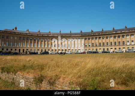 Bath, England - July 15, 2018: Royal Crescent in Bath dates from 1774 and is a popular sight for tourists