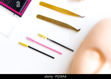 top view colourful of Micro Eyelash Brushes Mascara Wan and Twizzers Stock Photo