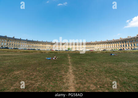 Bath, England - July 15, 2018: Royal Crescent in Bath dates from 1774 and is a popular sight for tourists