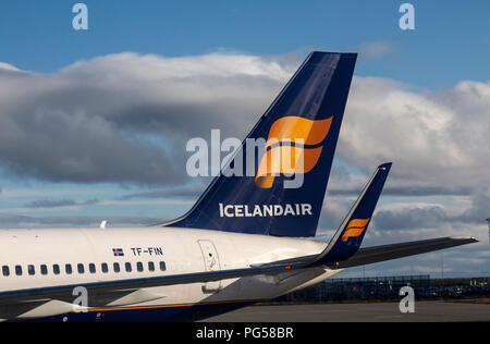 Tail of an Icelandair Boeing 757 at Keflavik Reykjavik airport in Iceland. Stock Photo
