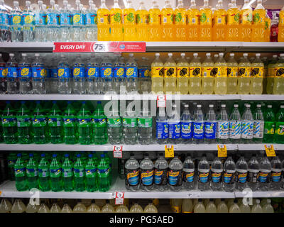 A variety of soft drinks in different brands and flavors on the supermarket shelf. Melbourne, VIC Australia. Stock Photo