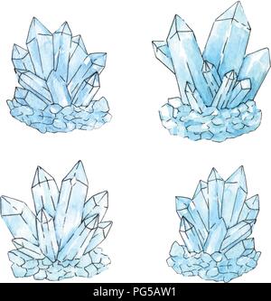 Watercolor illustration of group of quartz crystals in sketchy style. Hand painted vector collection of mineral  clusters isolated on the white backgr Stock Vector