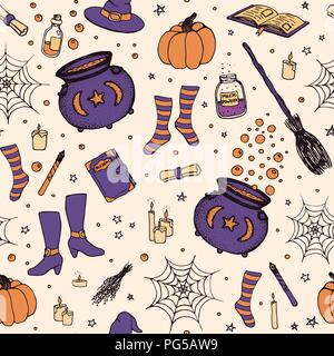 Vector Halloween pattern with hand drawn pumpkin, cauldron, spider web, potions, magic books, witch’s broom, hat, socks and boots in sketchy style on  Stock Vector
