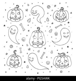 Vector Halloween set with pumpkins, ghosts with scary faces, bones, skulls and candy corn in sketch style. Hand drawn autumn holiday collection of doo Stock Vector