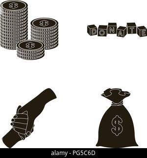 A pile of coins for donations, colored cubes with an inscription, a handshake, a bag of money for donations. Charity and donation set collection icons Stock Vector
