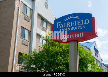 New York, USA - Circa 2018: Fairfield Inn & Suites Marriott hotel chain exterior building and sign. People travel and book room to sleep at night Stock Photo