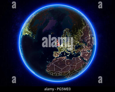United Kingdom at night highlighted in red on planet Earth. 3D ...
