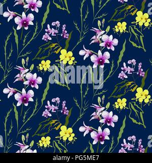 Floral seamless pattern with different flowers and leaves. Botanical illustration  hand painted. Textile print, fabric swatch, wrapping paper. Stock Vector