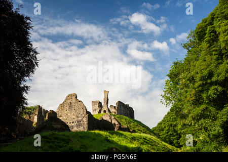 UK, England, Devon, Okehampton, remains of medieval motte and bailey castle Stock Photo