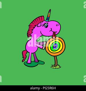 Cute cartoon unicorn with rainbow colored lollipop, vector illustration Stock Vector