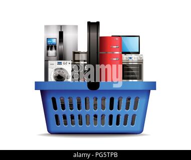 Shopping basket full of kitchen household appliances like freezer, wash machine, tv, dishwasher, gas and induction stove Stock Vector