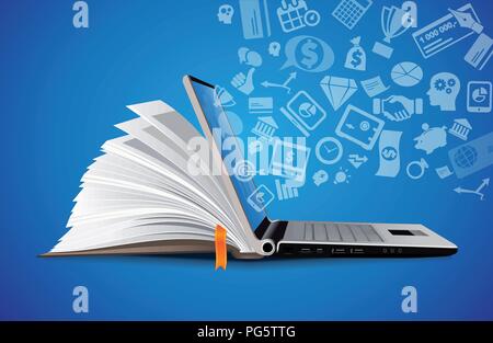 Computer as book knowledge base concept - laptop as elearning idea Stock Vector