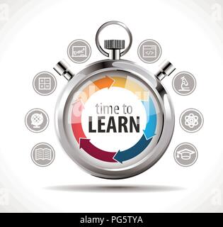 Time to learn concept - stopwatch with school symbols - biology, chemistry, physics, mathematics, literature, geography, programming Stock Vector