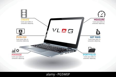 Laptop as video blog concept - vlog recording and publishing Stock Vector