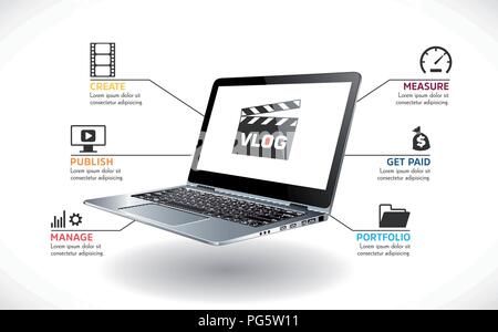 Laptop as video blog concept - vlog recording and publishing Stock Vector