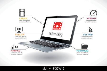 Laptop as video blog concept - vlog recording and publishing Stock Vector