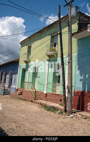 View looking up at the colourful front of a traditional Cuban town house in Trinidad Cuba Stock Photo