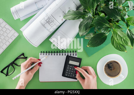 cropped image of female architect calculating at table wth blueprints, plant and coffee Stock Photo