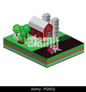 Isometric Red Barn And Trees cows vector illustration Stock Vector