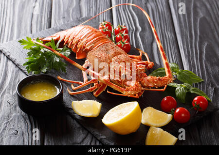 Prepared sea crayfish or spiny lobster with vegetables and melted butter close-up on a black background. Horizontal. Copy space Stock Photo