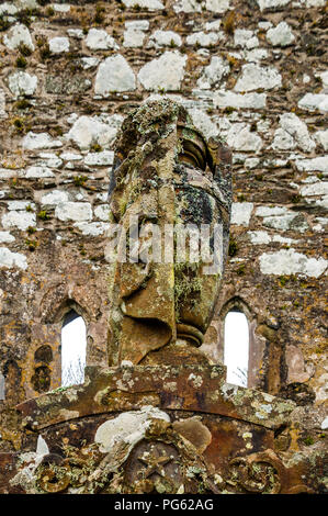 A moss covered stone ornament with a white stone wall behind it Stock Photo