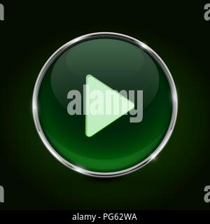 Play button. Green 3d icon on dark green background Stock Vector