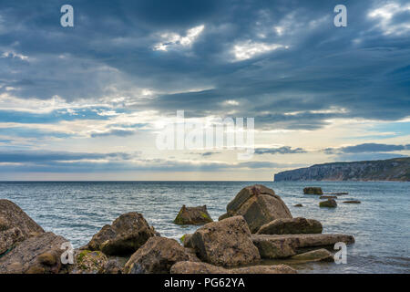 Filey bay Beach on Yorkshire coast near Reighton Gap and Speeton at sunrise Stock Photo