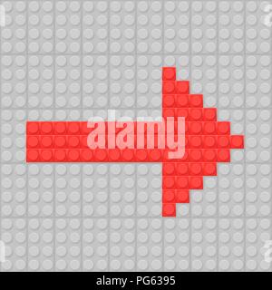 Red arrow on gray background. Construction blocks. Pixel design Stock Vector