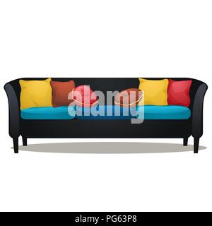 Black sofa with colored soft pillows isolated on white background. Vector cartoon close-up illustration. Stock Vector