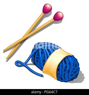 Set of blue tangle of wool yarn and knitting needles isolated on a white background. Tools and materials for needlework and creating knitted clothes. Vector illustration. Stock Vector