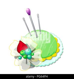 Beautiful pincushion with needles and pins isolated on white background. Set sewing studio or tailoring atelier. Vector cartoon needle cushion close-up illustration. Stock Vector