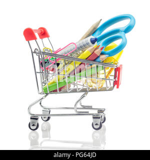 Shopping carts with school supplies isolated on a white, back to school concept. Stock Photo