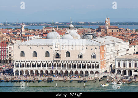 Aerial view of the exterior facade of Doges Palace,  Palazzo Ducale, Ducal Palace, San Marco, Venice, Veneto, Italy with a view to the mainland and Me Stock Photo