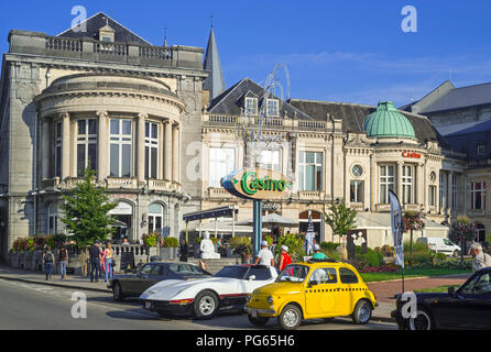 Oldtimers / classic cars in front of the Casino de Spa and brasserie in summer in the city Spa, Liège, Belgium Stock Photo