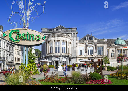 Park and sign in front of the Casino de Spa and brasserie in summer in the city Spa, Liège, Belgium Stock Photo