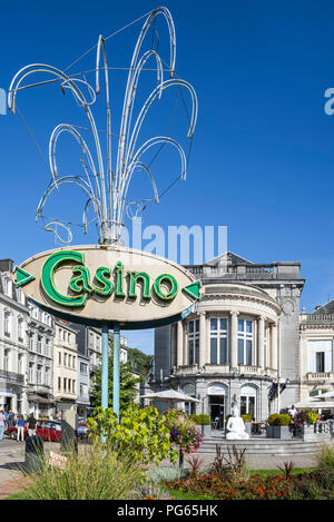 Park and sign in front of the Casino de Spa and brasserie in summer in the city Spa, Liège, Belgium Stock Photo