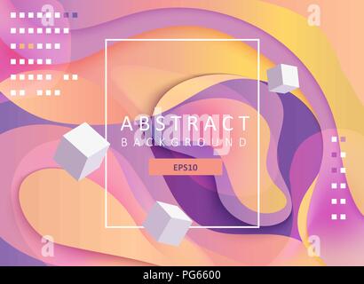 Abstract geometric gradient background with wavy shapes, square frame and cubes. Colorful and digital backdrop for the advertise and marketing in dynamic, fluid forms. Vector illustration. Stock Vector