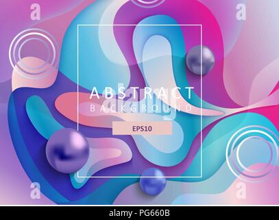 Abstract geometric gradient background with wavy shapes, square frame and balls. Colorful and digital backdrop for the advertise and marketing in dyna Stock Vector