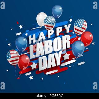 Happy Labor Day holiday banner with ballons in United States national flag colors. Vector illustration. Stock Vector