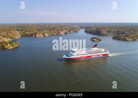 Lidingo, Sweden - July 31, 2018: Aerial view of the Vikinge line passenger and car ferry Gabriella leaving Stockholm with destination Helsinki. Stock Photo