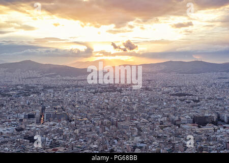 Greece, Attica, Athens, View from Mount Lycabettus over city at sunset Stock Photo