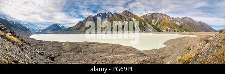 New Zealand, South Island, panoramic view of Tasman Valley with Aoraki Mount Cook and Tasman Lake Stock Photo