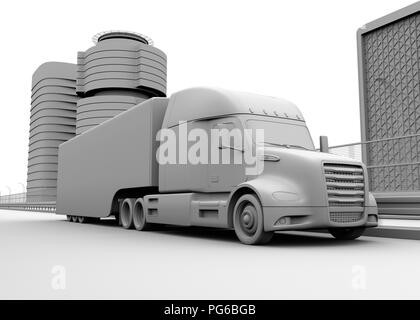 Clay rendering of self-driving Fuel Cell Powered American Truck driving on highway. 3D rendering image. Stock Photo