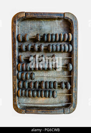 Ancient abacus calculation device. Very old, used, and grunge. Isolated on white background. Back to school, mathematics theme Stock Photo
