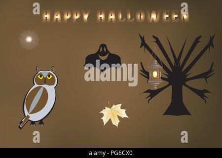 Vector illustration of characters and objects participating in the Halloween night celebration Stock Vector
