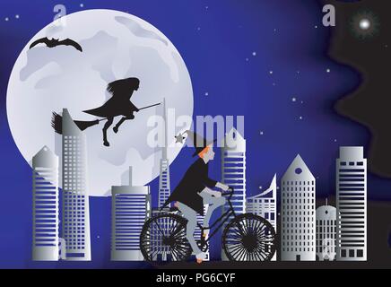 Vector illustration of a witch riding a bike around the city and the witch flying on a broom over the city in celebration of Halloween Stock Vector